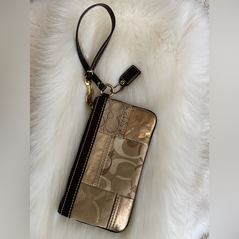 ***SOLD*** Coach Gold and Brown Leather Wristlet